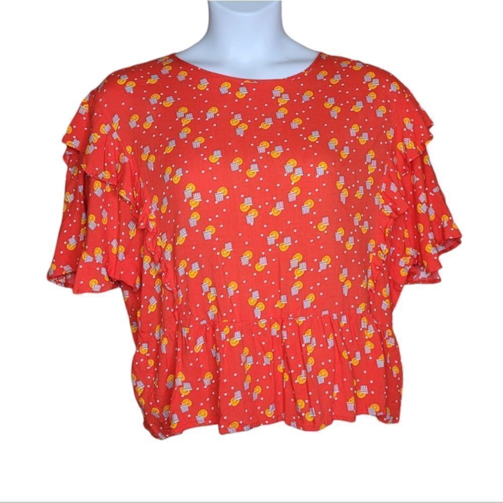 MODCLOTH Compania Fantastica red lemonade ruffle boxy blouse top‎ XL